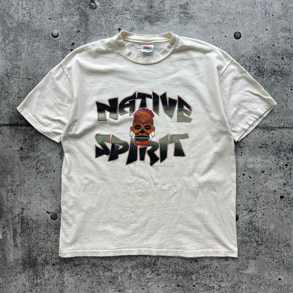 Vintage Native Spirit T-Shirt Men XL Cream Tribal Skull Graphic Skate Grunge 90s